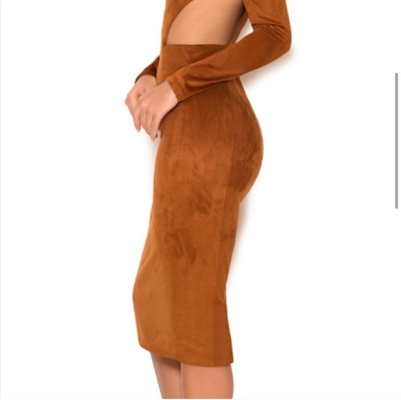 House Of CB London Brown Suede Midi Dress High Neck Cutout Slit Size Small - Picture 3 of 16